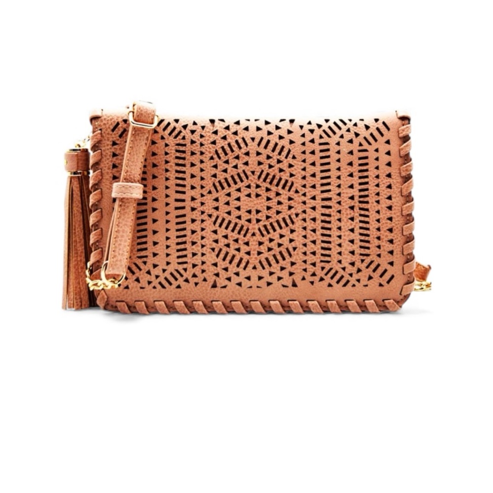 Madison West Unique Tan Laser-cut Flap Clutch Crossbody Bag with Tassel